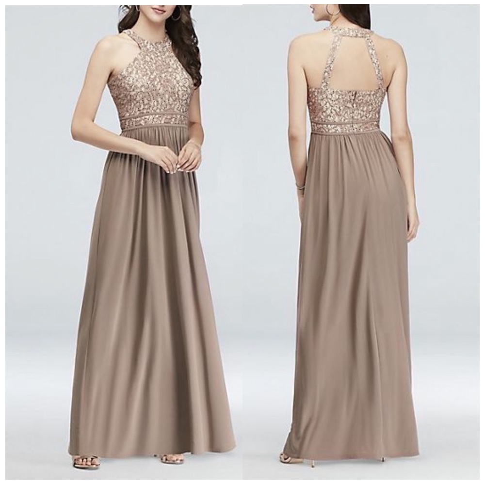 Women’s Round-Neck Lace Jersey Halter A-Line Gown